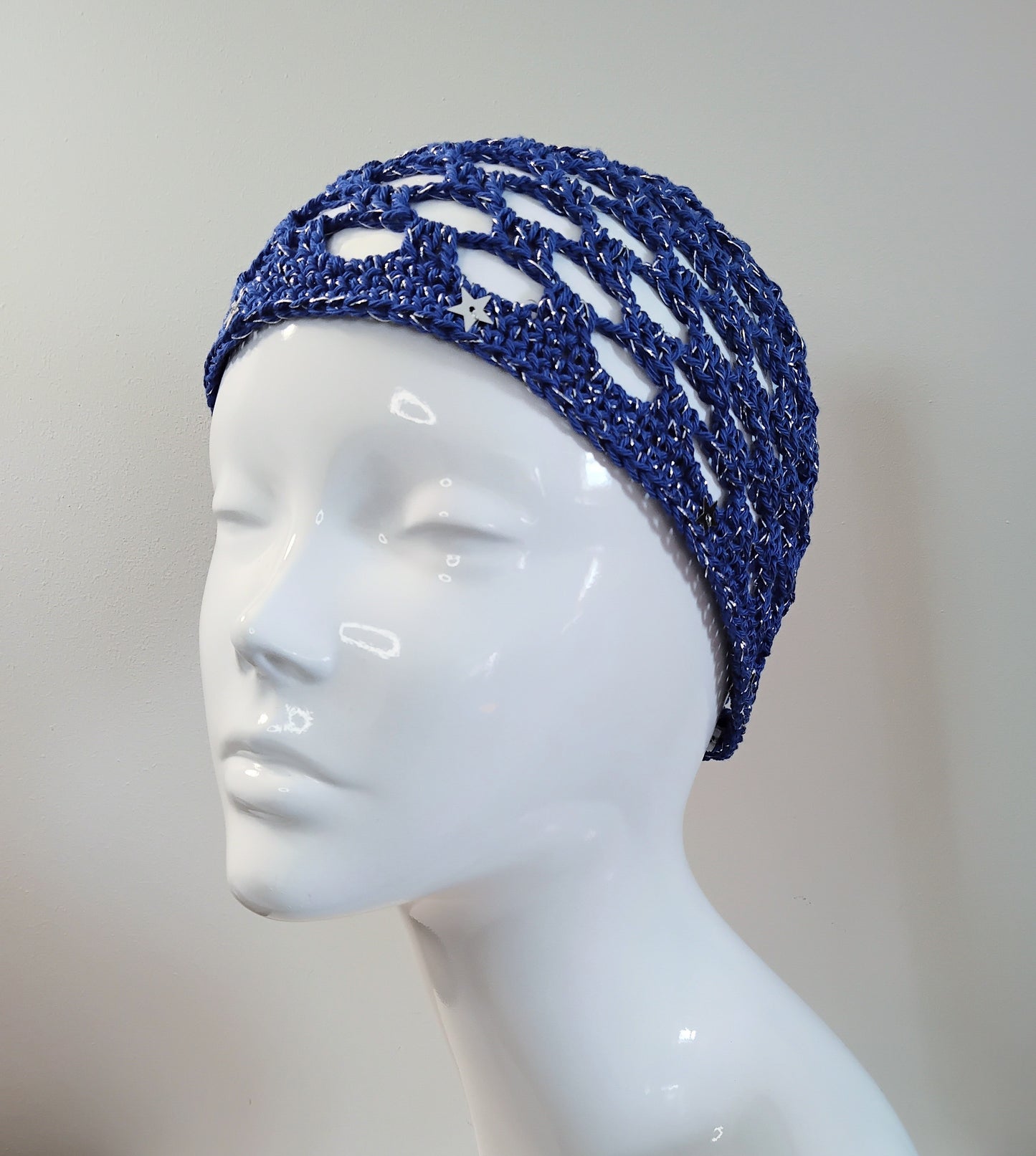 Blue and Silver Square Mesh Crochet Skull Cap with Silver Star Sequins