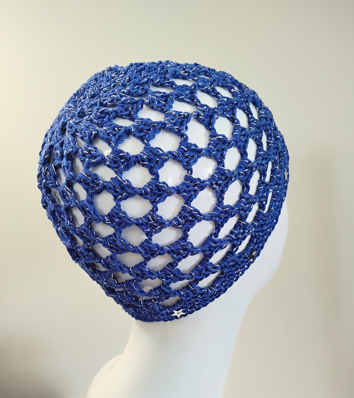Blue and Silver Square Mesh Crochet Skull Cap with Silver Star Sequins