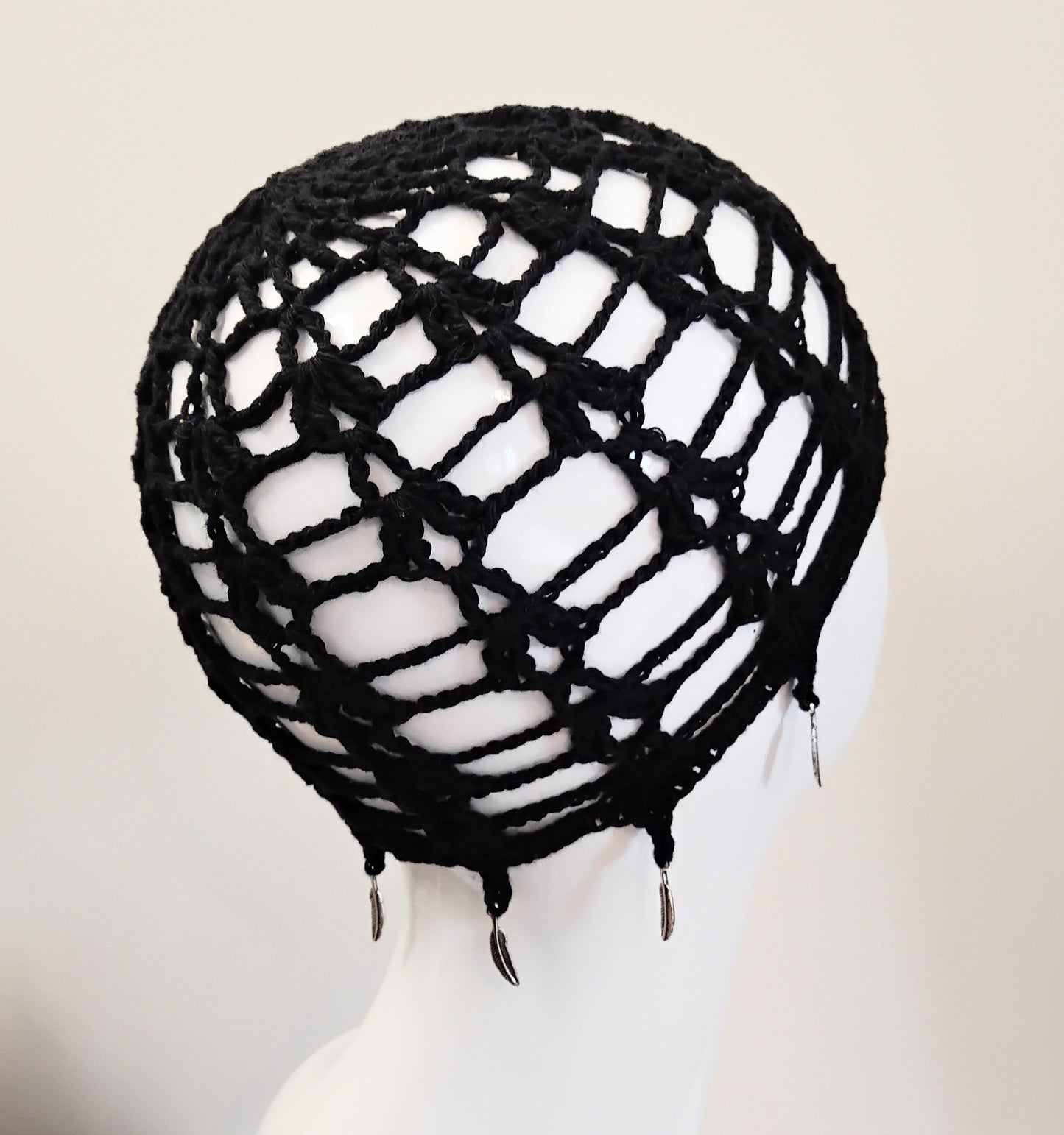 Black Crochet Web Mesh Skull Cap with Feather Charms