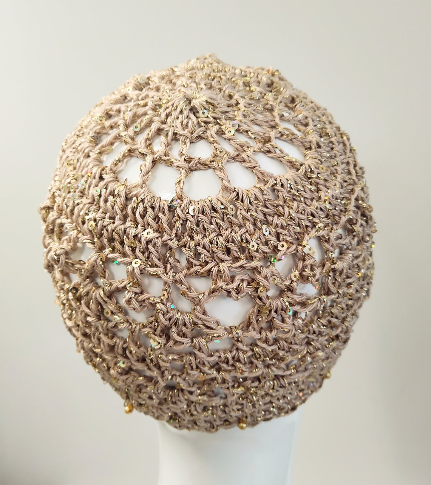 Crochet Gold Glitter Party Skull Cap with Sequins and Beads