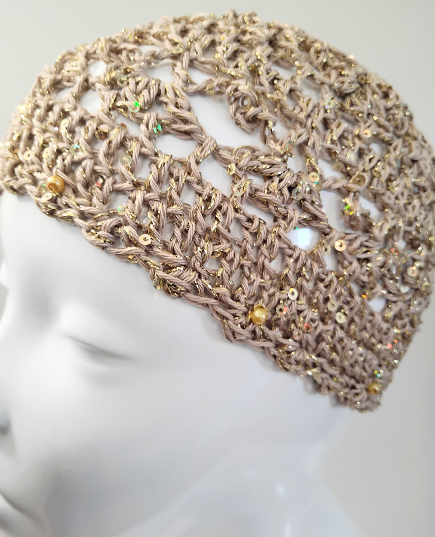 Crochet Gold Glitter Party Skull Cap with Sequins and Beads