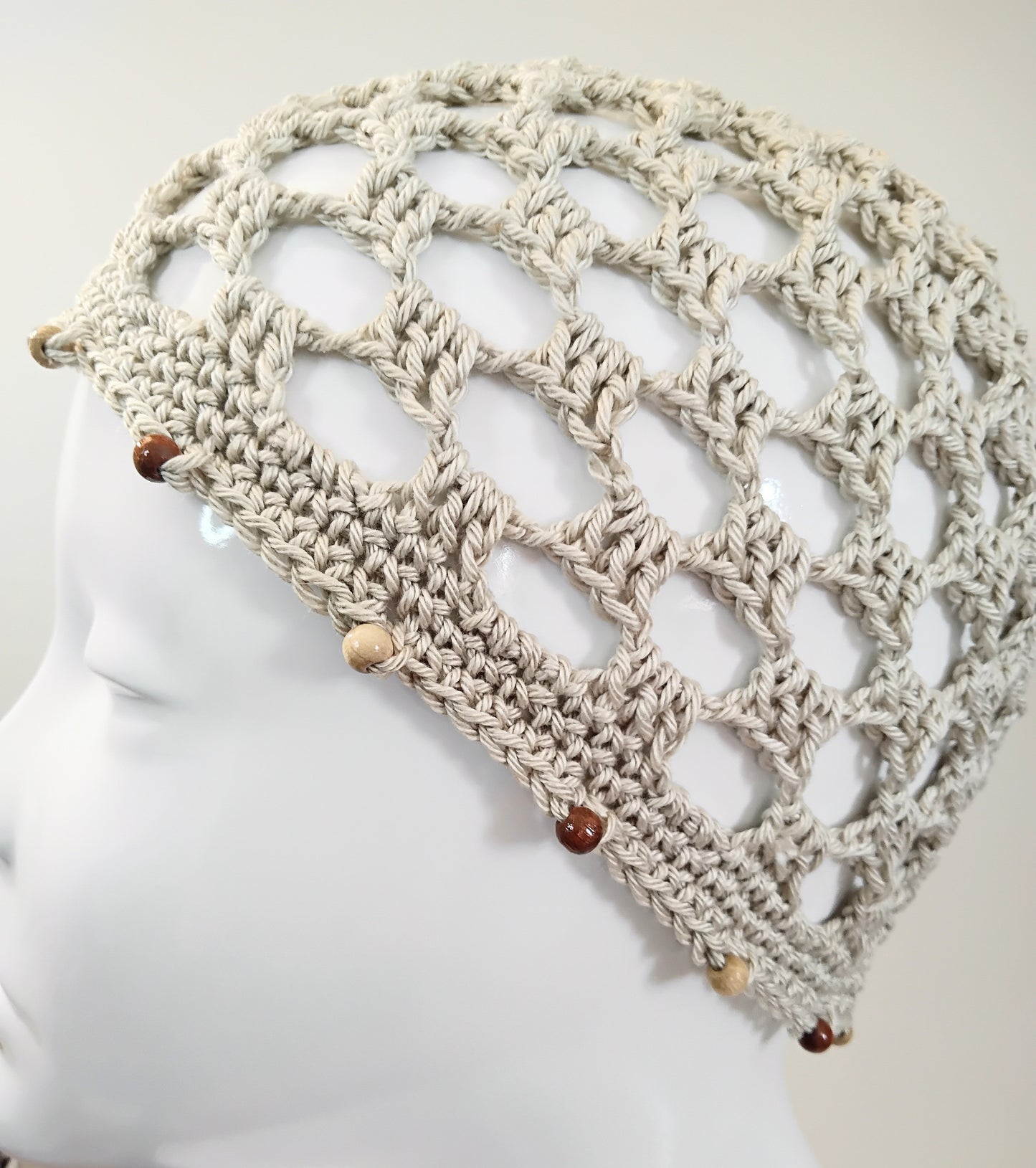 Ecru Mesh Crochet Skull Cap with Wooden Beads