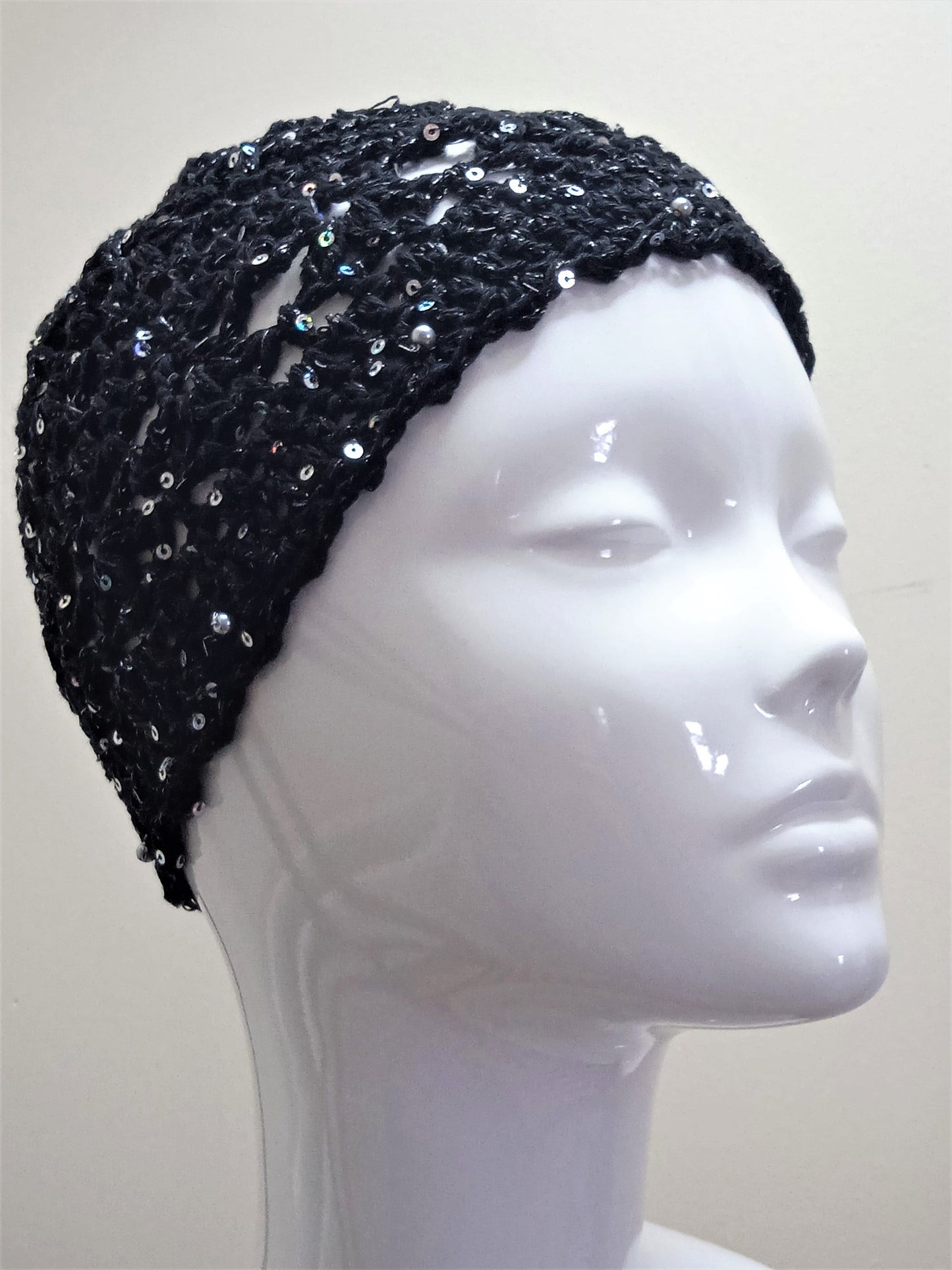 Crochet Black Skull Cap with Silver Sequins and Beads