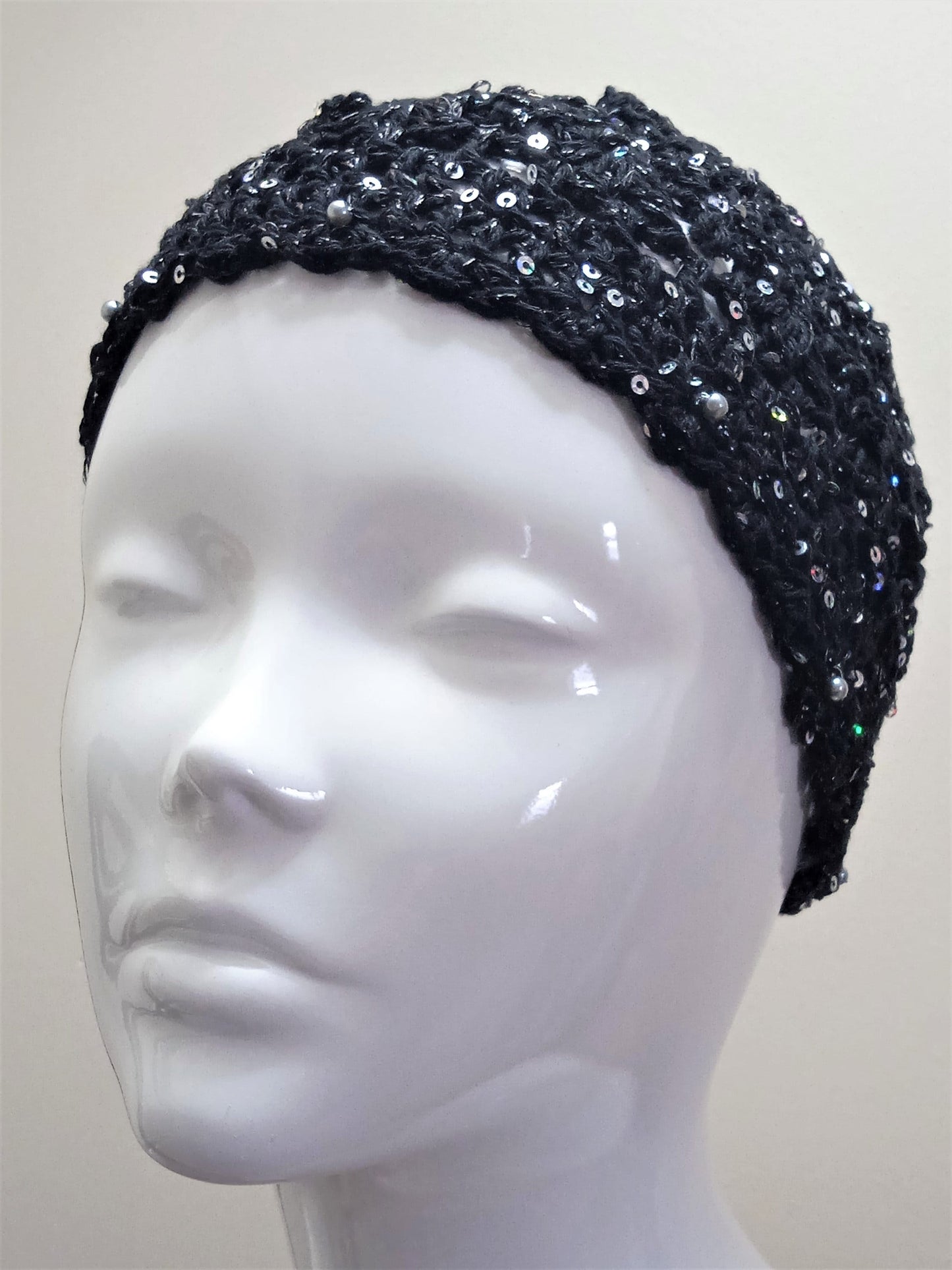 Crochet Black Skull Cap with Silver Sequins and Beads